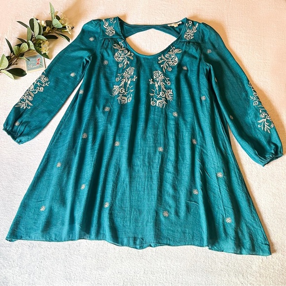 Women’s Embroidered Boho Mini Dress Teal Long Puff Sleeve - Picture 1 of 13
